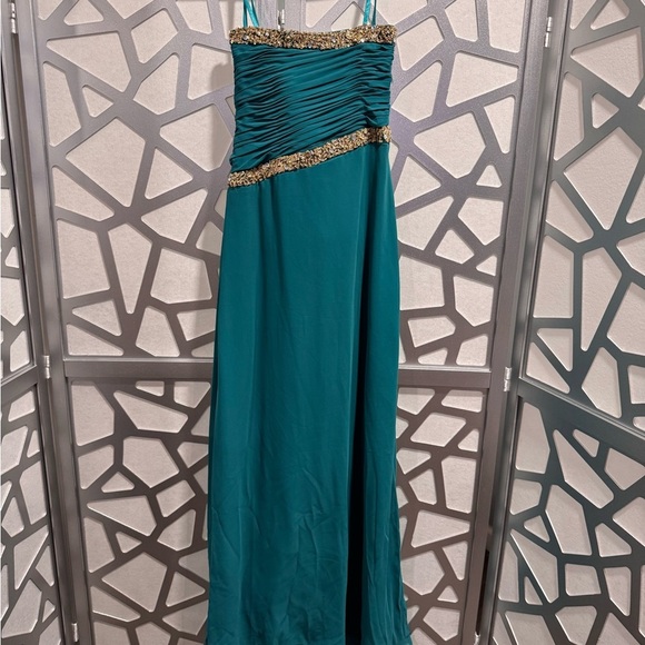 May Queen Teal One Shoulder Dress with Gold Detailing - Picture 4 of 12